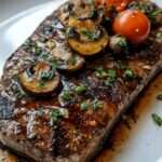 A juicy steak topped with garlic butter mushrooms, garnished with fresh parsley.