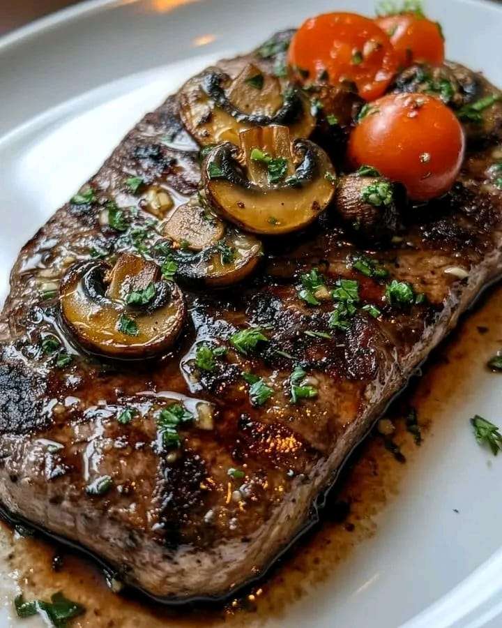 A juicy steak topped with garlic butter mushrooms, garnished with fresh parsley.