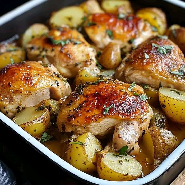 A one-pan Savory Baked Chicken and Potatoes dish garnished with fresh parsley and bubbling cheese.