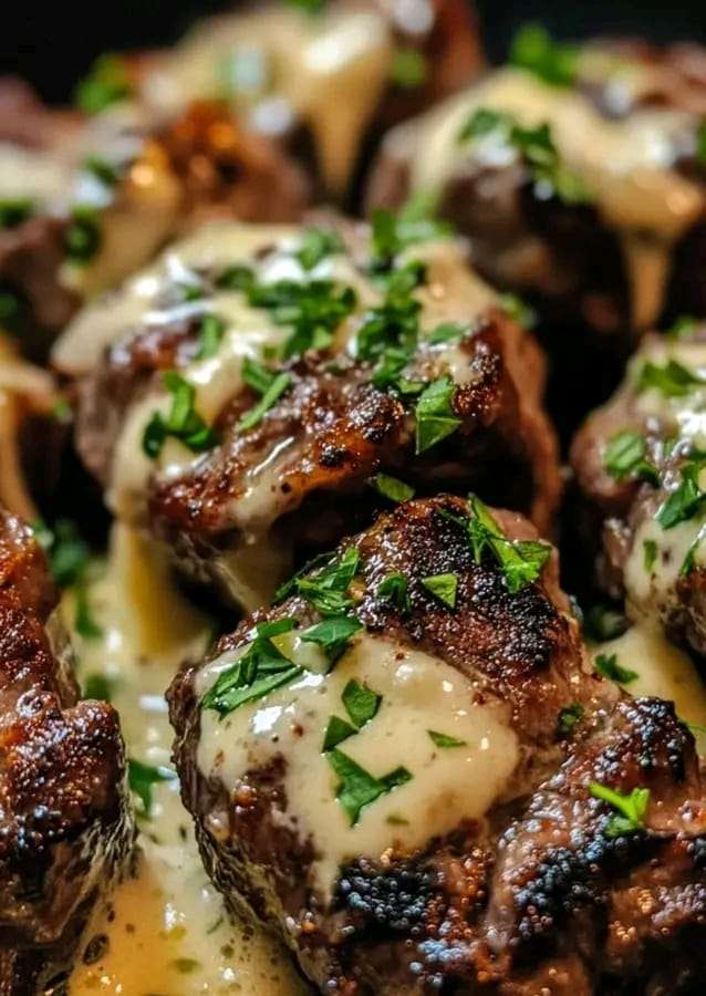 A plate of garlic butter beef bites drizzled with creamy parmesan sauce, garnished with fresh parsley, perfect for a cozy dinner or appetizer.