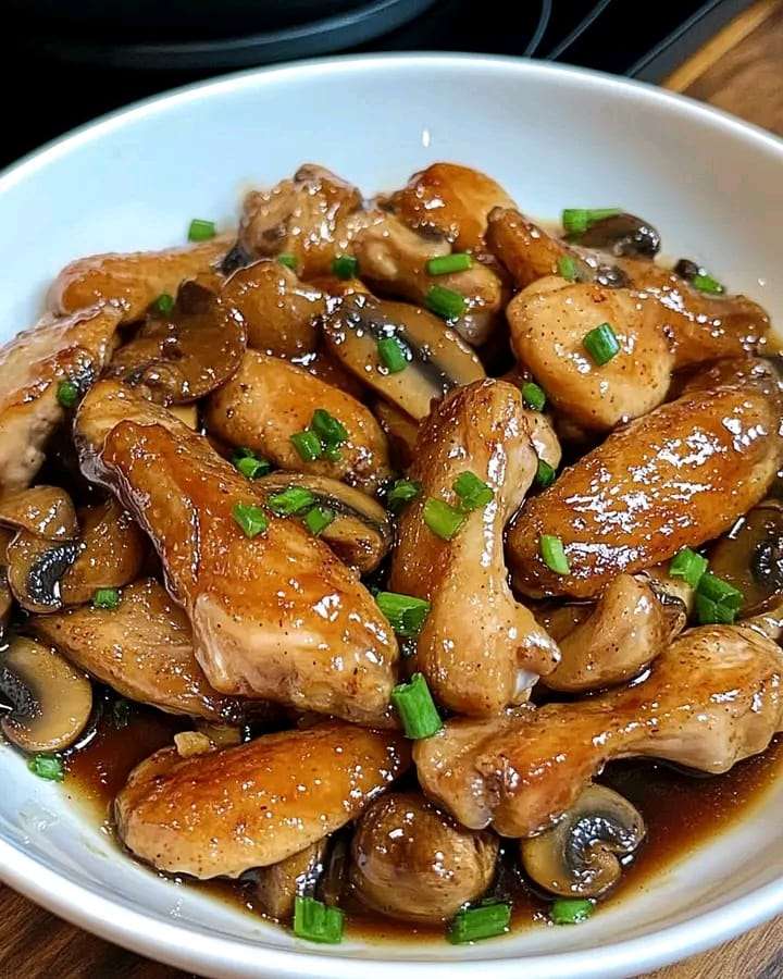 A plate of golden-brown chicken wings with mushrooms, garnished with green onions.