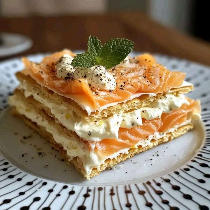 Smoked Salmon Mille-Feuille with Lemon Mascarpone cream, garnished with fresh dill, lemon zest, and salmon roe.