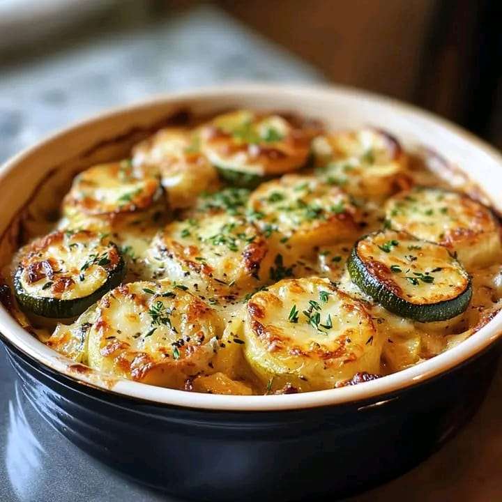 Zucchini gratin stuffed with shrimp, garlic, and parmesan, baked to golden perfection.