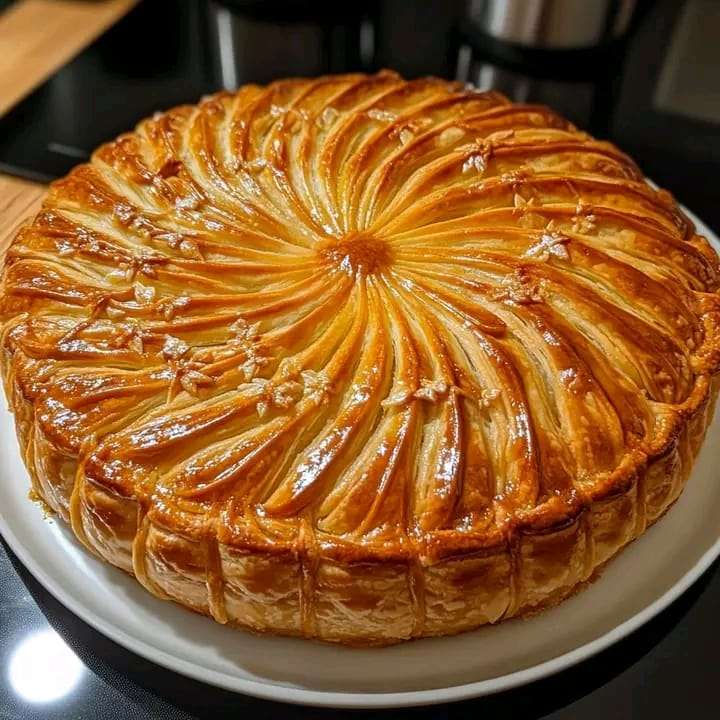 Golden, flaky King Cake with frangipane filling, decorated with intricate patterns.