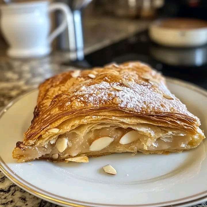 A golden-brown galette made with croissants, filled with almond cream and topped with powdered sugar and toasted almonds.