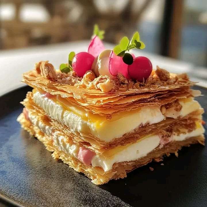 A vibrant Beetroot, Goat Cheese, and Walnut Millefeuille stacked with thin slices of beetroot, creamy goat cheese, and crunchy walnut pieces, drizzled with honey and balsamic vinaigrette.