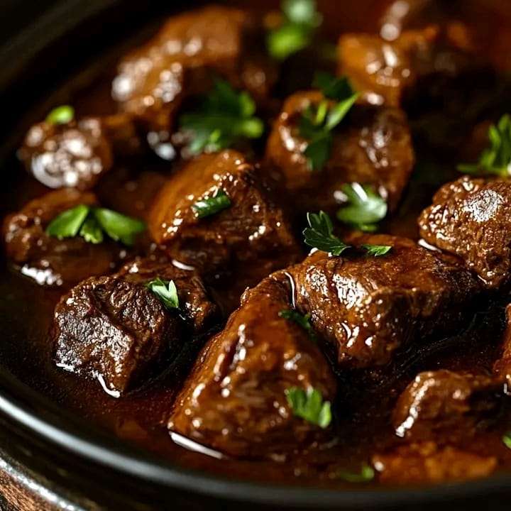 Slow-cooked beef stew with rich gravy, tender beef, carrots, potatoes, and peas in a bowl, garnished with fresh parsley.