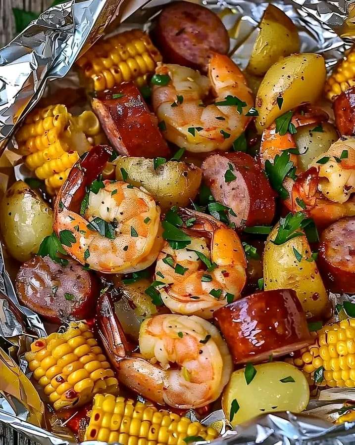 A delicious Shrimp, Corn, Potatoes, and Smoked Sausage Foil Pack with a golden, smoky finish, garnished with parsley and lemon.