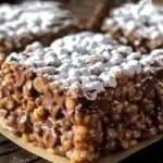 A close-up of Muddy Buddy Rice Krispies with a dusting of powdered sugar, showing the gooey chocolate and crispy cereal texture.