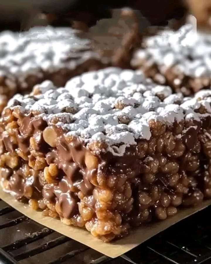 A close-up of Muddy Buddy Rice Krispies with a dusting of powdered sugar, showing the gooey chocolate and crispy cereal texture.