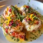 Grilled lobster tails drizzled with lemon butter sauce, garnished with parsley and lemon wedges.