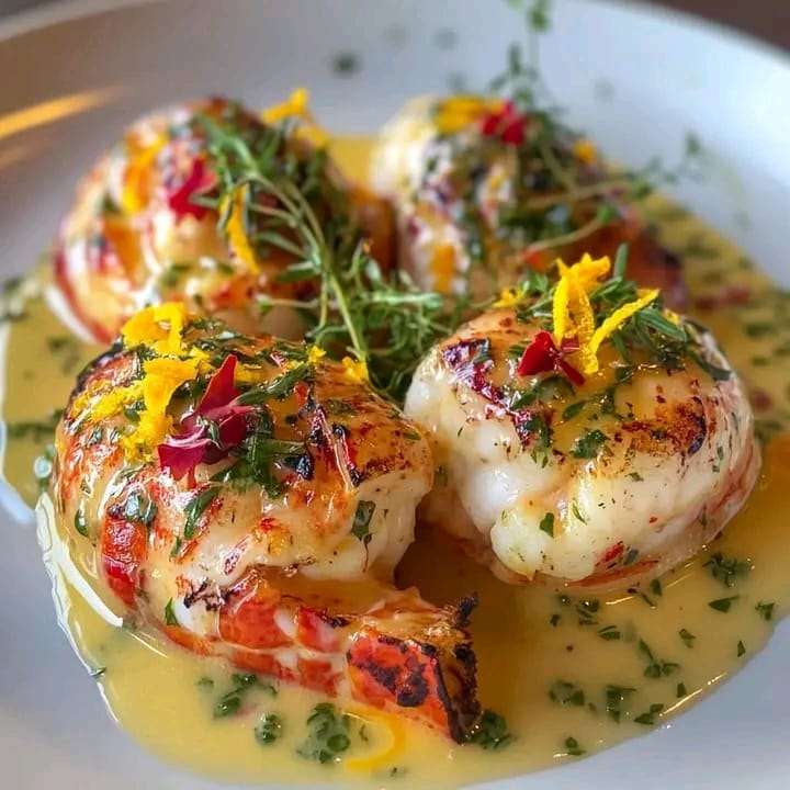 Grilled lobster tails drizzled with lemon butter sauce, garnished with parsley and lemon wedges.