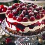 A slice of Decadent Black Forest Cheesecake topped with cherries and drizzled with chocolate ganache.