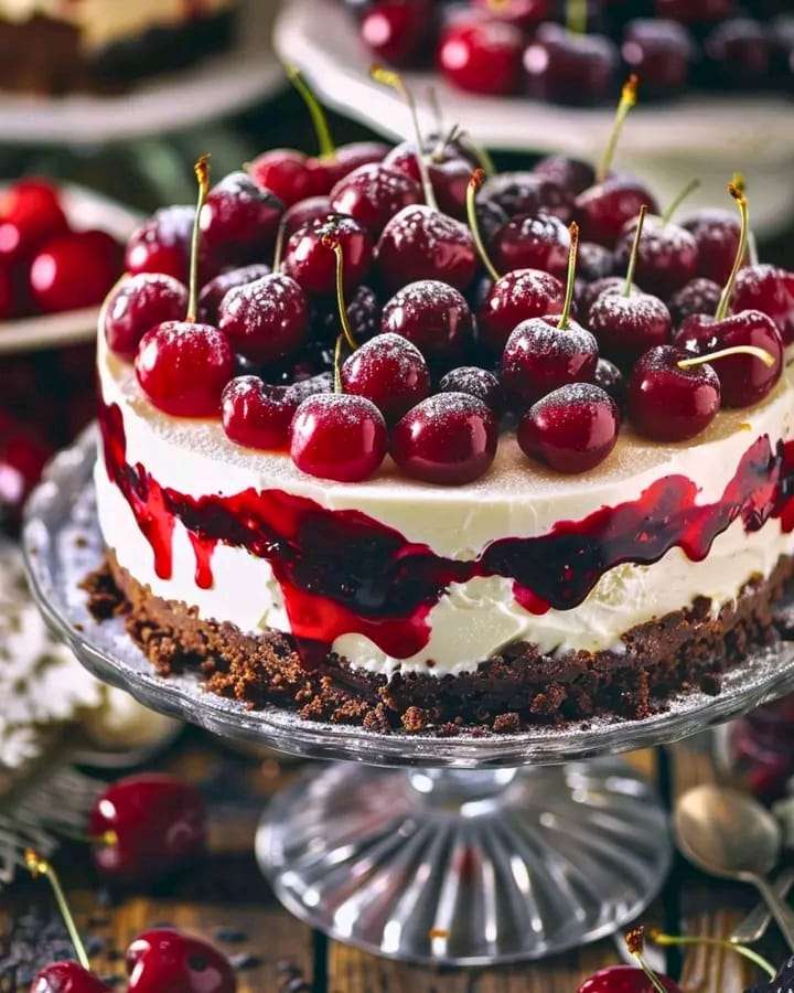 A slice of Decadent Black Forest Cheesecake topped with cherries and drizzled with chocolate ganache.