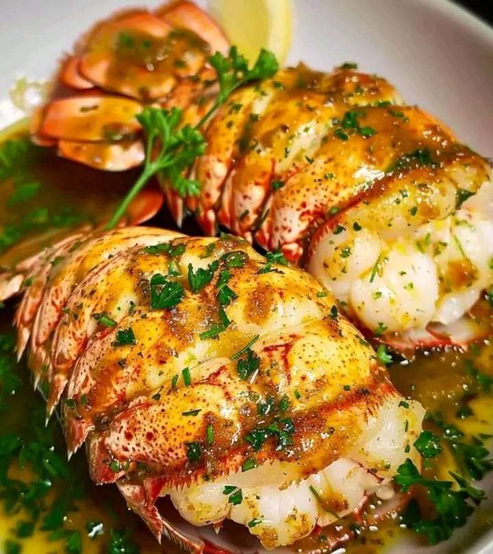 Broiled lobster tails with golden garlic butter and fresh parsley garnish.