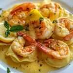 A plate of lobster ravioli drizzled with lemon butter sauce, garnished with parsley and Parmesan cheese.