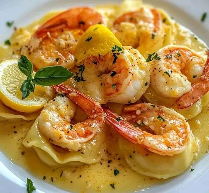 A plate of lobster ravioli drizzled with lemon butter sauce, garnished with parsley and Parmesan cheese.