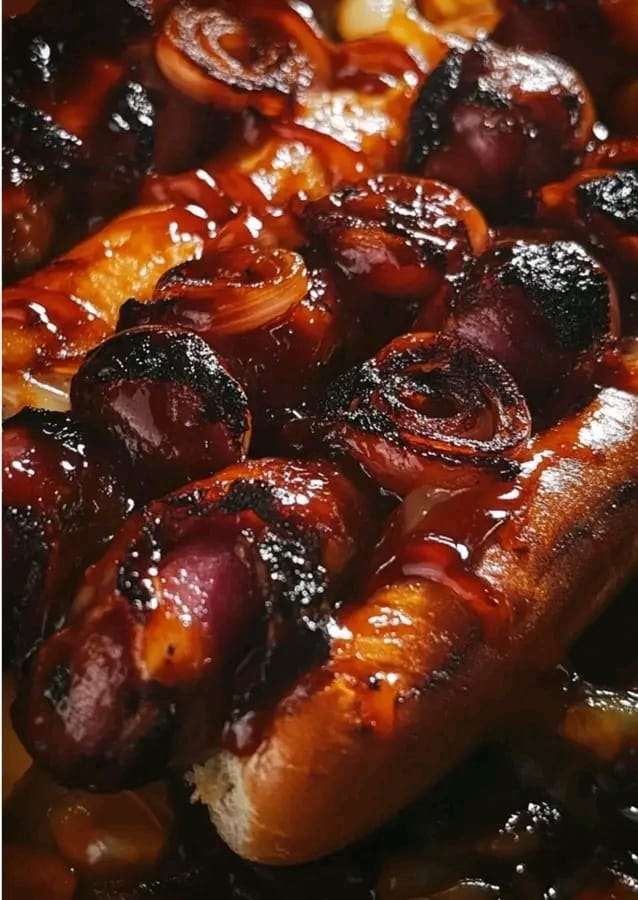 Bacon-wrapped hot dogs served with bourbon-glazed onions, topped with BBQ sauce and garnished with parsley—ideal for a winter BBQ.