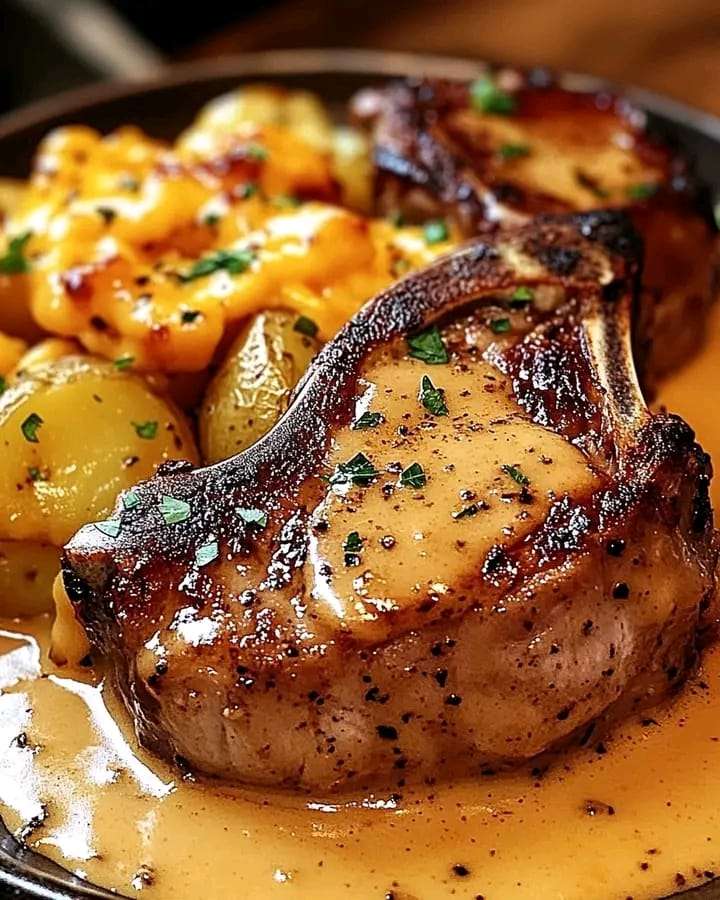 A plate of tender pork chops served over creamy, cheesy potatoes, garnished with fresh parsley.