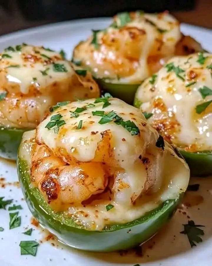 A platter of Fiery Cajun Shrimp Stuffed Jalapeños with melted cheese, garnished with fresh parsley, ready to be served.