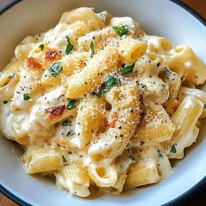 A bowl of creamy garlic Parmesan pasta garnished with fresh basil and Parmesan cheese.