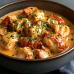 A skillet filled with creamy lobster tail chunks in a garlic butter sauce, garnished with parsley.