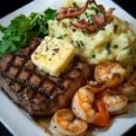 A plated Surf & Turf meal with Grilled New York Strip, garlic mashed potatoes, grilled shrimp, and steamed greens, garnished with fresh parsley.