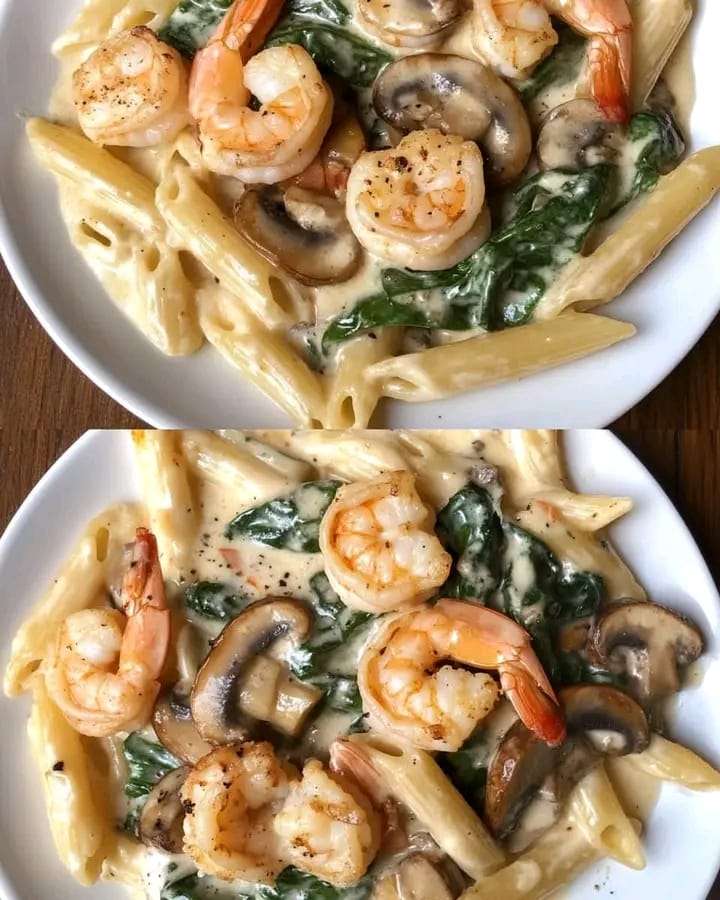 Creamy spinach and mushroom Alfredo pasta topped with shrimp and Parmesan cheese.