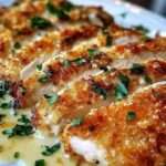 Golden Parmesan-crusted chicken fillets drizzled with lemon butter sauce and garnished with fresh parsley.