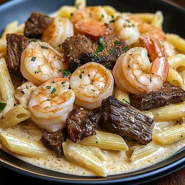 A plate of creamy Cajun Alfredo pasta topped with seared shrimp, steak, and fresh parsley garnish.