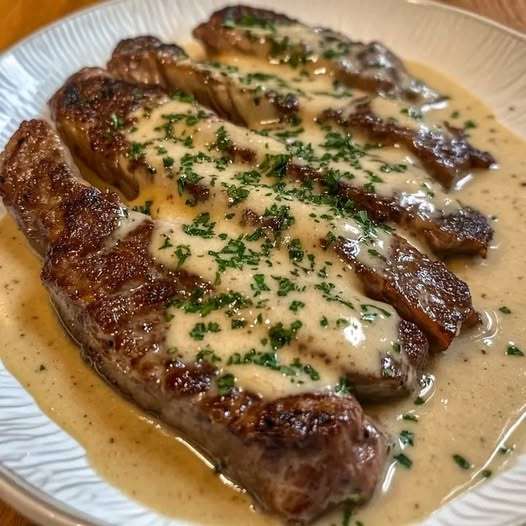 Juicy steak served with creamy garlic sauce and garnished with fresh parsley.