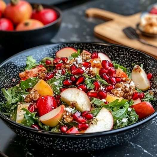 Festive Christmas salad with apples, pomegranate, nuts, and feta cheese on a vibrant green base, topped with a sweet dressing.