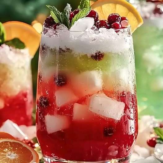 A festive bowl of Santa's North Pole Christmas Punch with cranberries, orange slices, and mint sprigs.