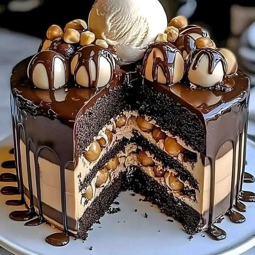 Decadent chocolate peanut butter cheesecake with a chocolate cake base, creamy peanut butter filling, and glossy chocolate topping.