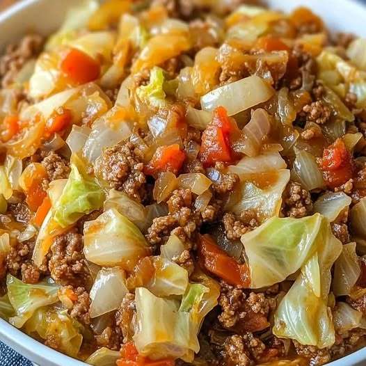 A hearty ground beef and cabbage skillet with diced tomatoes and spices, served in a rustic skillet.