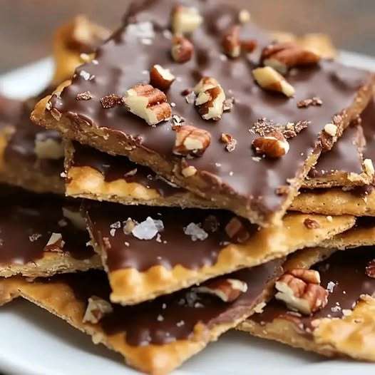 Cracker candy with layers of toffee, melted chocolate, and chopped pecans broken into bite-sized pieces.