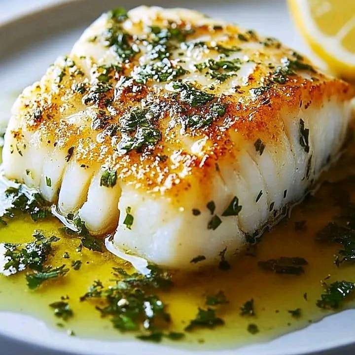 Golden seared cod fillets served with a rich herb butter sauce, garnished with fresh parsley and thyme.