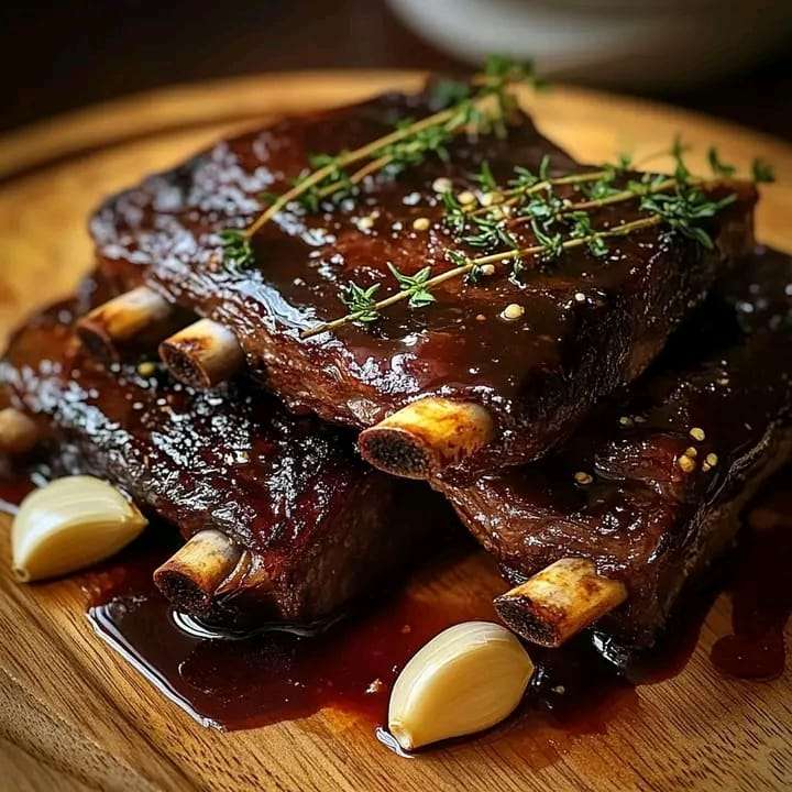 Plate of slow-braised beef short ribs with garlic, fresh thyme, and red wine sauce, garnished with parsley.