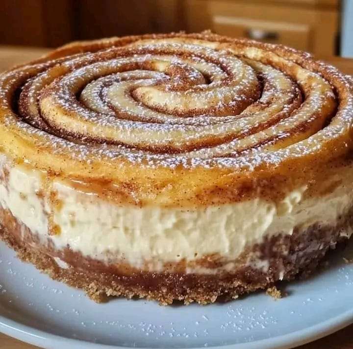 A luscious slice of cinnamon roll cheesecake topped with a spiral of puff pastry and dusted with powdered sugar.