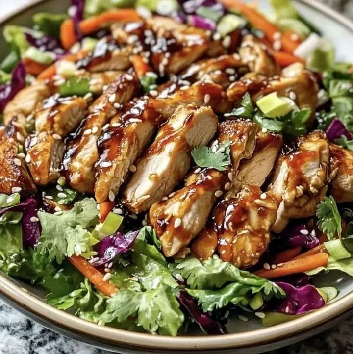 A vibrant bowl of Crunchy Asian Sesame Chicken Salad with shredded chicken, greens, and sesame seeds topped with crispy chow mein noodles.