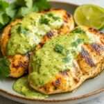 A plate of Creamy Avocado and Cilantro Lime Chicken topped with creamy avocado sauce and fresh cilantro, served with lime wedges.