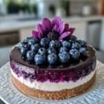 A stunning Blueberry Cheesecake topped with fresh blueberries and a glossy blueberry glaze, garnished with edible flowers.