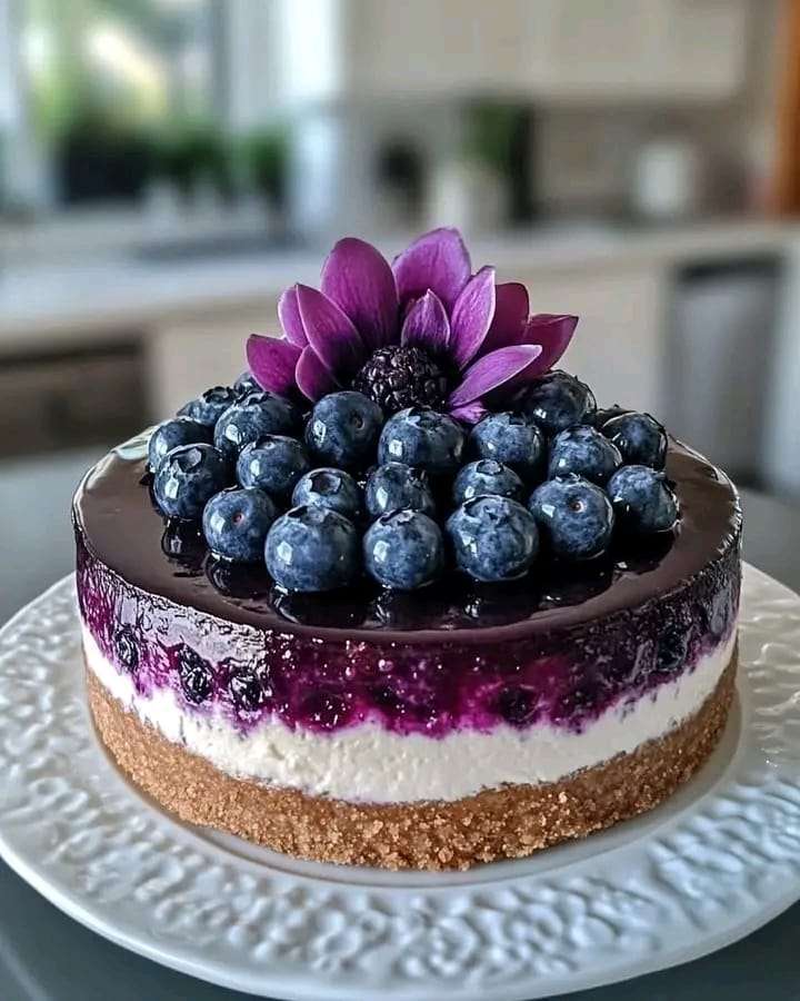 A stunning Blueberry Cheesecake topped with fresh blueberries and a glossy blueberry glaze, garnished with edible flowers.