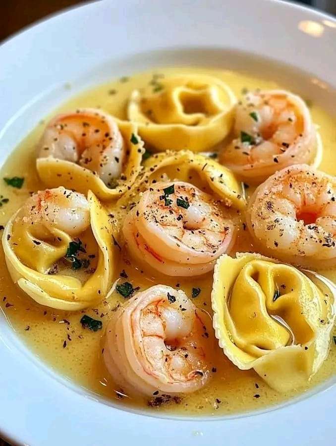 A plate of shrimp tortellini in garlic butter sauce, garnished with fresh parsley and Parmesan cheese.