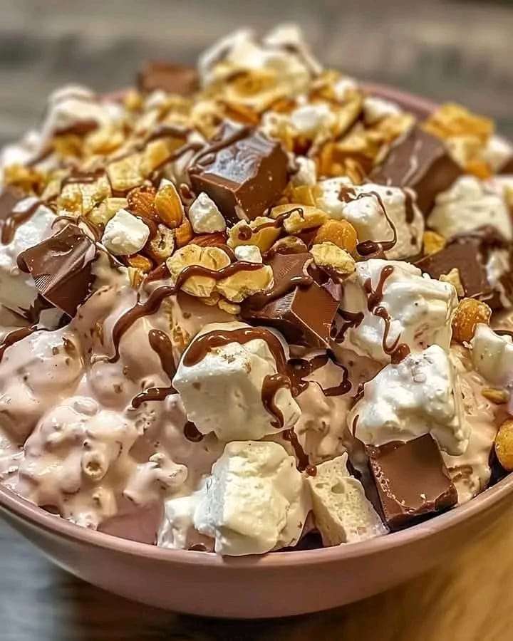 A bowl of creamy Rocky Road Fluff Salad topped with marshmallows, nuts, and chocolate chips.