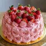 A luscious Strawberry Buttercream Cake topped with fresh strawberries and decorative swirls of frosting.