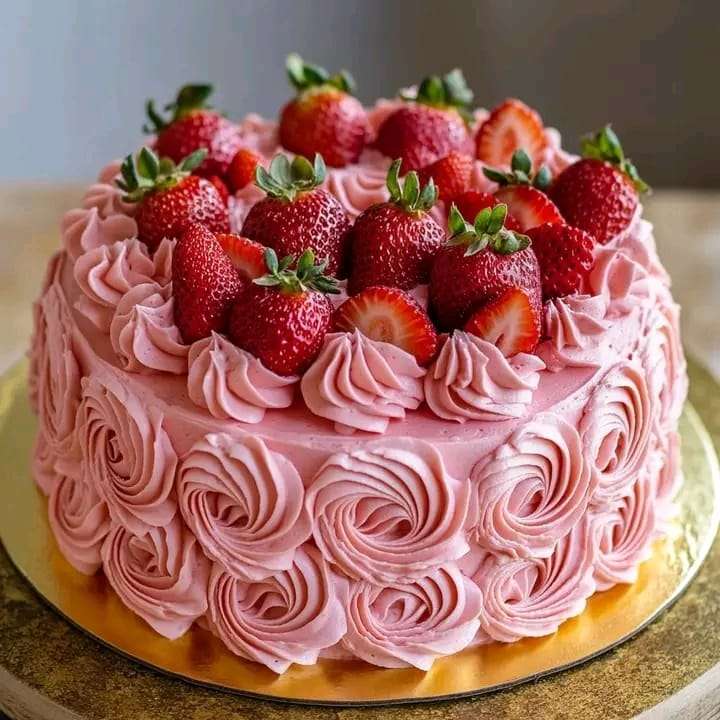 A luscious Strawberry Buttercream Cake topped with fresh strawberries and decorative swirls of frosting.