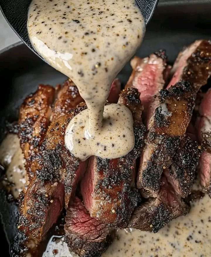 Sliced Peppercorn Crusted Steak drizzled with creamy peppercorn sauce, served alongside roasted potatoes and steamed broccoli.