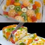 A vibrant Milk Fruit Jelly Dessert with layers of fresh tangerines, kiwis, and creamy milk, served in a glass dish.