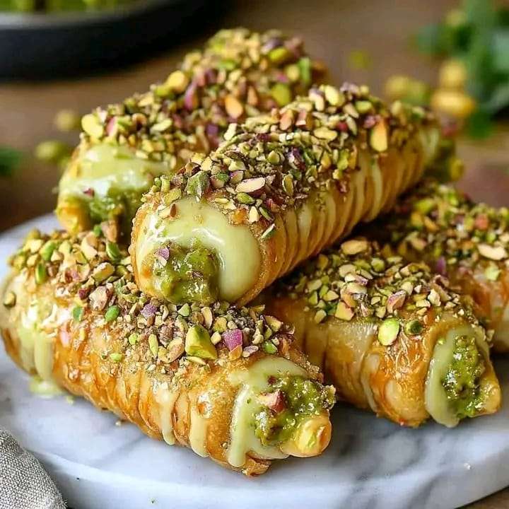 Golden Air Fryer Pistachio Cannoli filled with creamy pistachio ricotta, garnished with powdered sugar and chopped pistachios.